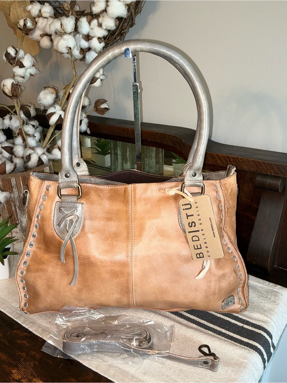 NWT Leather Bed Stu Rockababy Satchel Shoulder Bag Oats Icicle Rustic $295